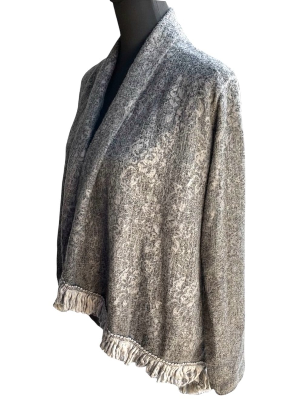 M Made in Italy Grey Rose Fringe Hem Waterfall Open Front Cardigan (L)